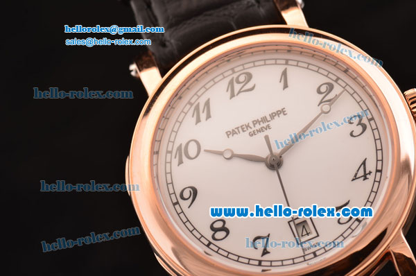 Patek Philippe Calatrava 2813 Automatic Rose Gold Case with Numeral Markers White Dial and Black Leather Strap - Click Image to Close